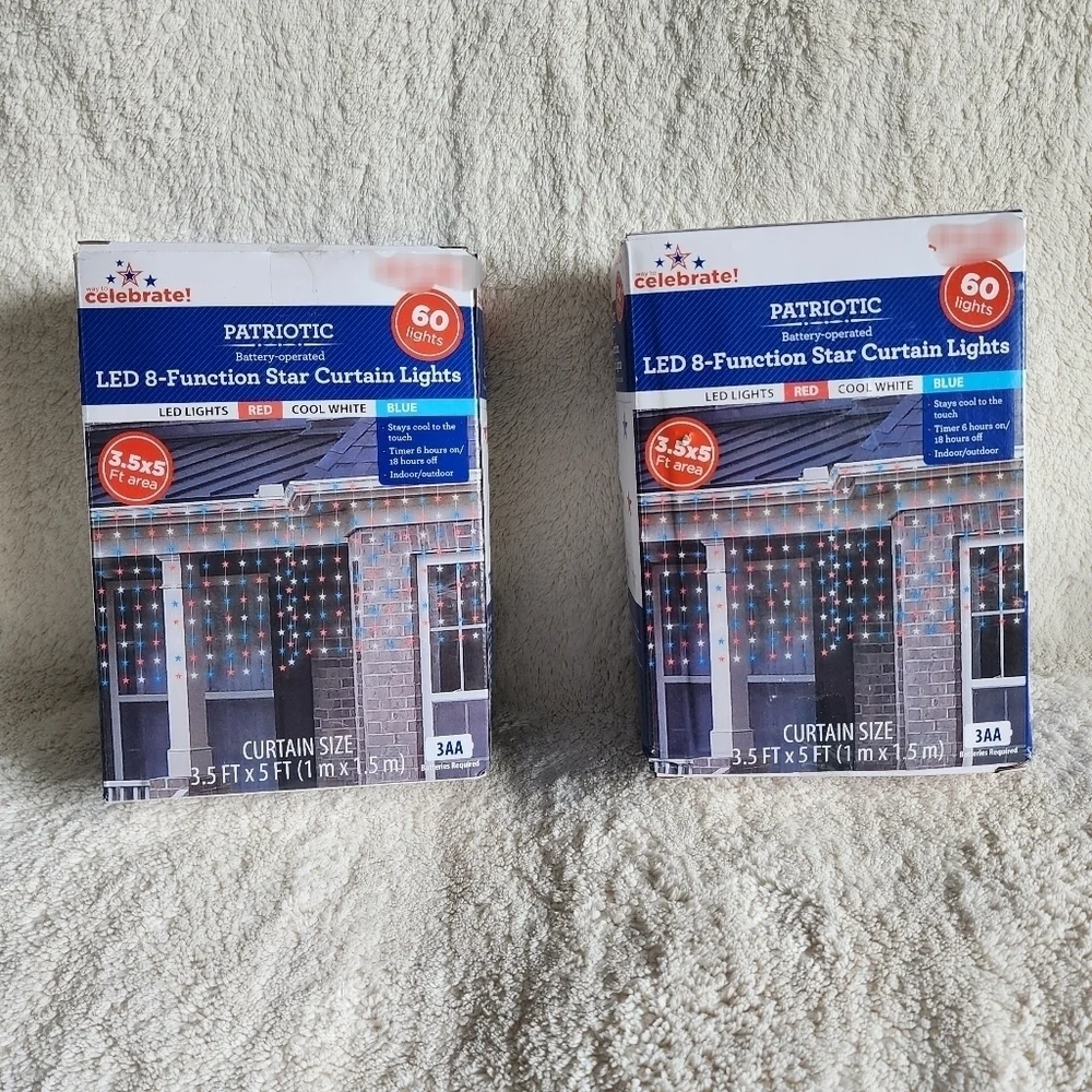 NWT Patriotic 60-Count 8-Function Battery-Operated LED Star Curtain Lights LOT